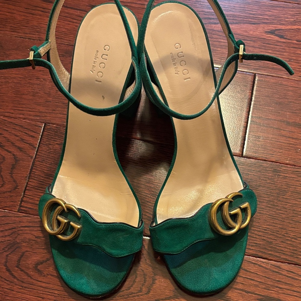 Gucci Marmont Emerald Sandals with Gold Buckles